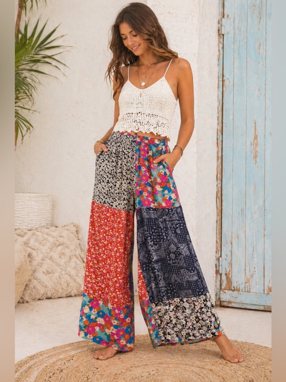 Natural Life Women’s Patchwork Cropped Wide Leg Pant Sz M Boho Festival Floral